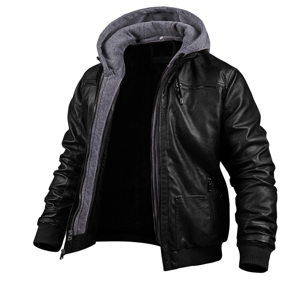 Marlon™ – Klassische Leder-Winterjacke - Hoodie - Schwarz / S
