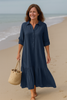 Valeria | stilvolles Kleid mit Kragen und fließendem, gestreiftem Design