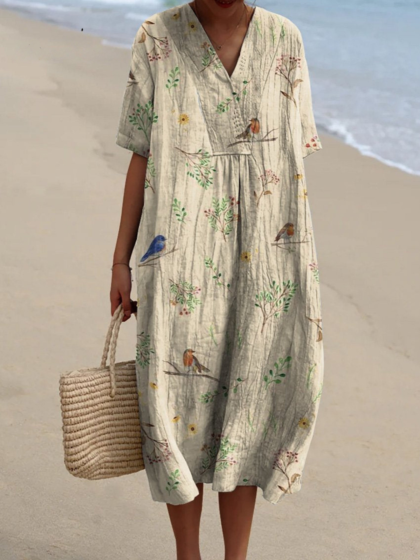 Emily | leichtes Sommerkleid mit frischem Vogel- und Zweigdruck
