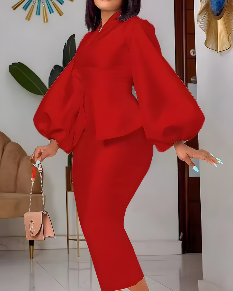 Gracelynn | Langärmliges Kleid mit Laternenärmeln und V-Ausschnitt