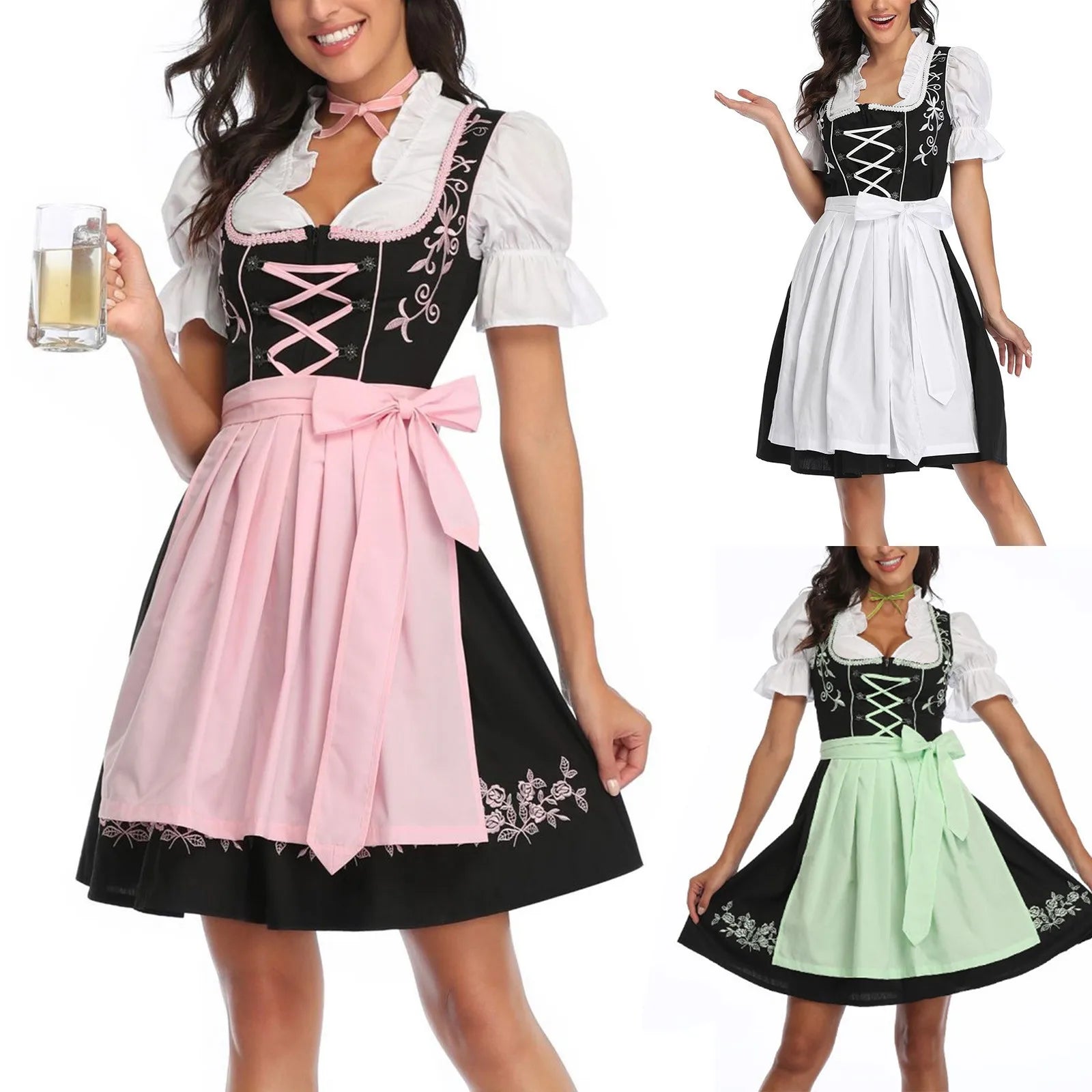 Liesel| Oktoberfest Kleid mit Fliege Schürze - Grün / S