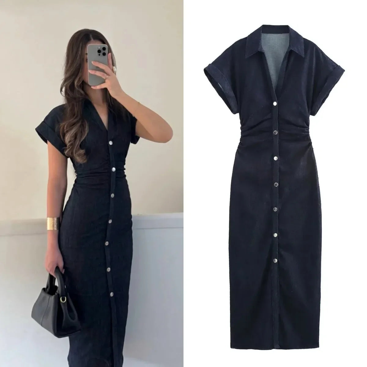 Elena | modisches Hemdkleid in Midi-Länge mit Knöpfen
