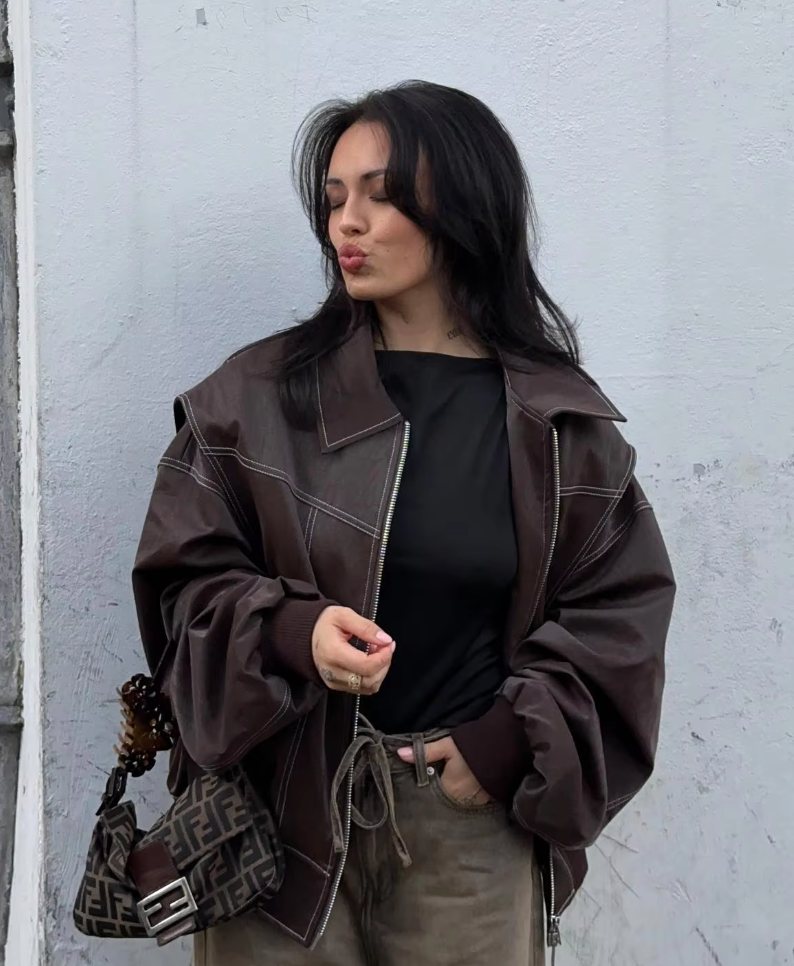 Kelsey | Oversized Lederjacke mit Reißverschluss