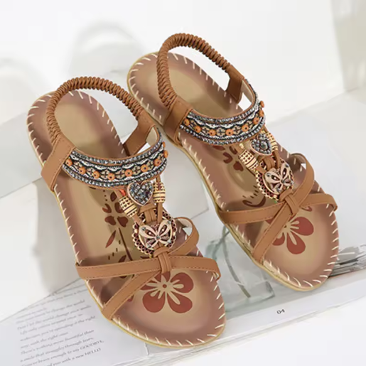 Kaiya | Bestickte flache Sandalen mit böhmischen Perlen