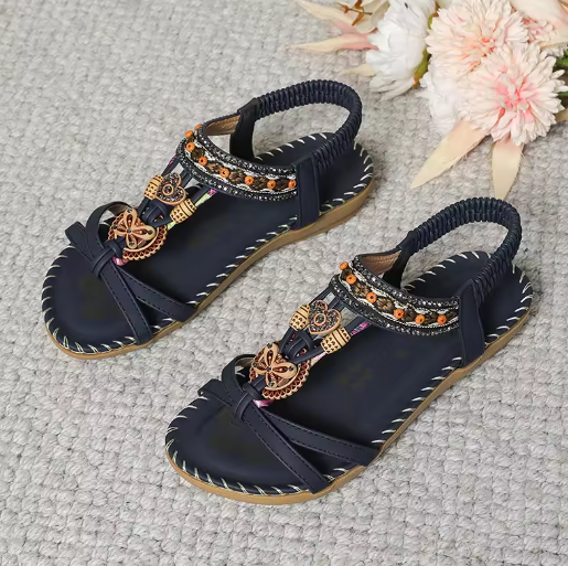 Kaiya | Bestickte flache Sandalen mit böhmischen Perlen