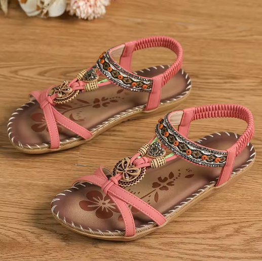 Kaiya | Bestickte flache Sandalen mit böhmischen Perlen