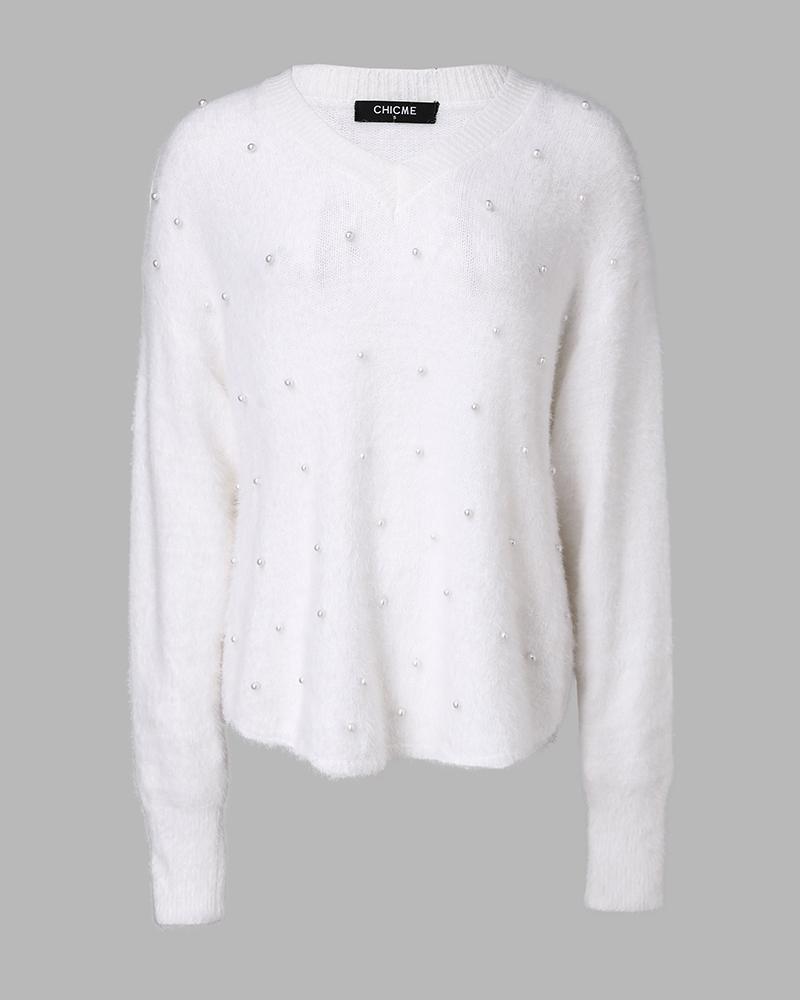 Averie | Perlenbesetzte V-Ausschnitt-Pullover