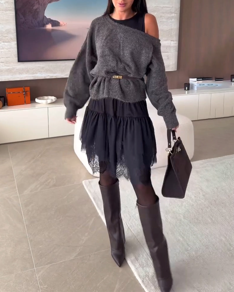 Clarine | Fashion-Set mit schulterfreiem Strickoberteil und Kleid mit Spitzendetails