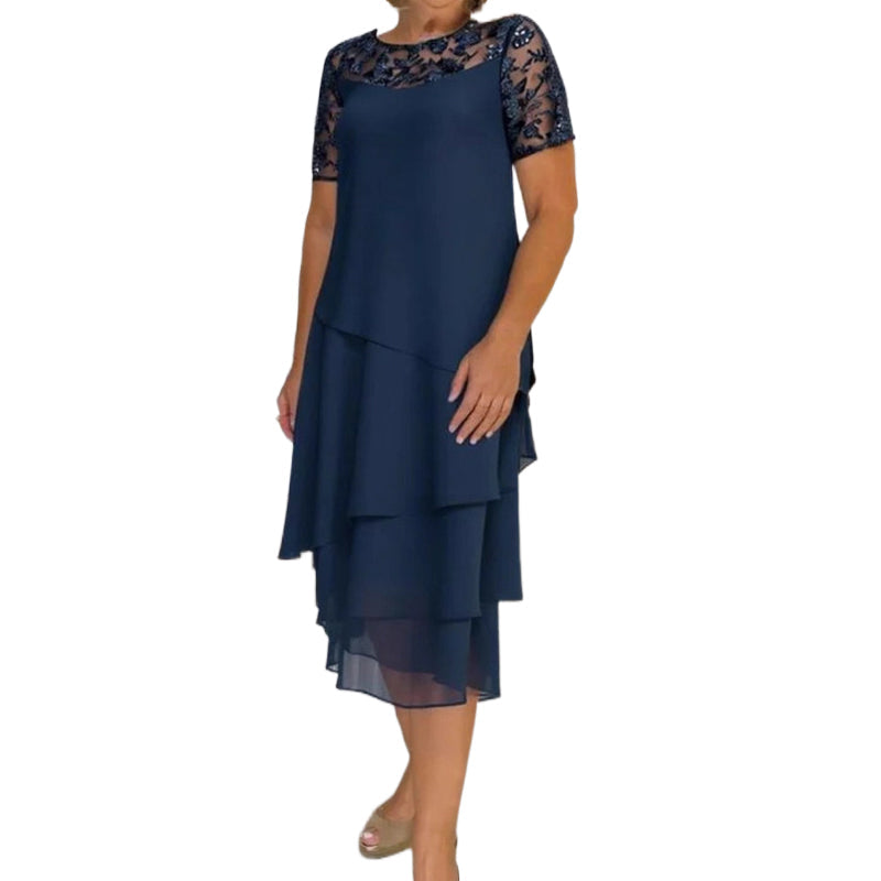 Sarah | elegantes A-Linien-Midikleid, mehrlagiges Mesh-Design.
