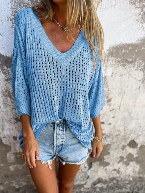Patrice | Lässiges Strickoberteil mit V-Ausschnitt und hohlem Muster