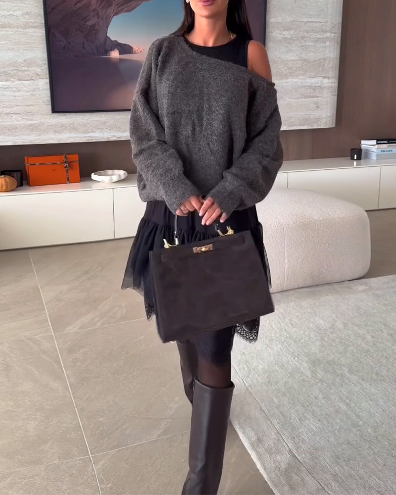 Clarine | Fashion-Set mit schulterfreiem Strickoberteil und Kleid mit Spitzendetails