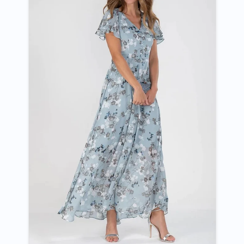 Tiera | Maxikleid mit geblümten Flatterärmeln aus Chiffon