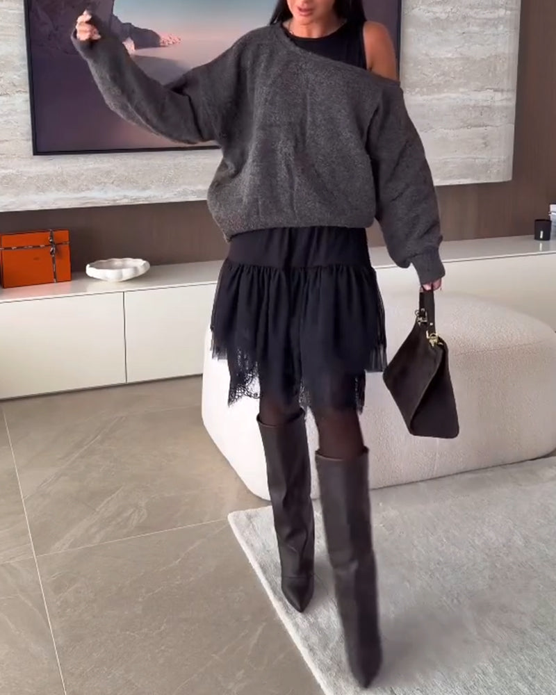 Clarine | Fashion-Set mit schulterfreiem Strickoberteil und Kleid mit Spitzendetails