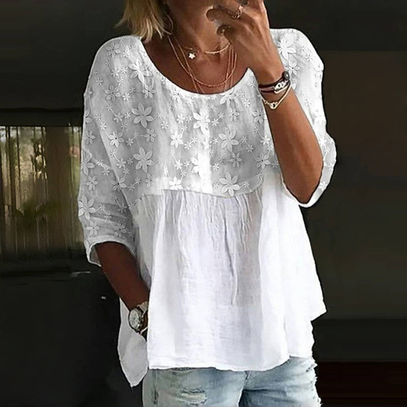 Betsie | Elegante Patchwork-Bluse mit zarter Blumenstickerei