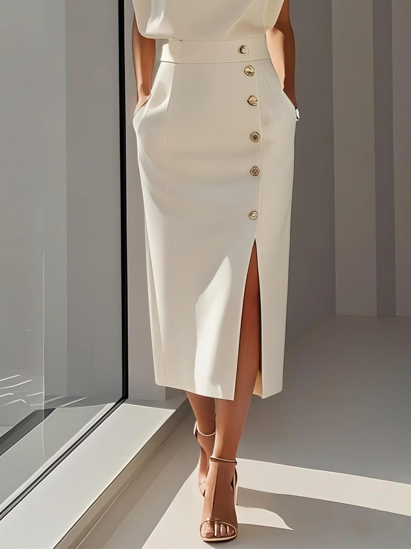 Nice | Einfarbiges Midikleid mit Knopfleiste