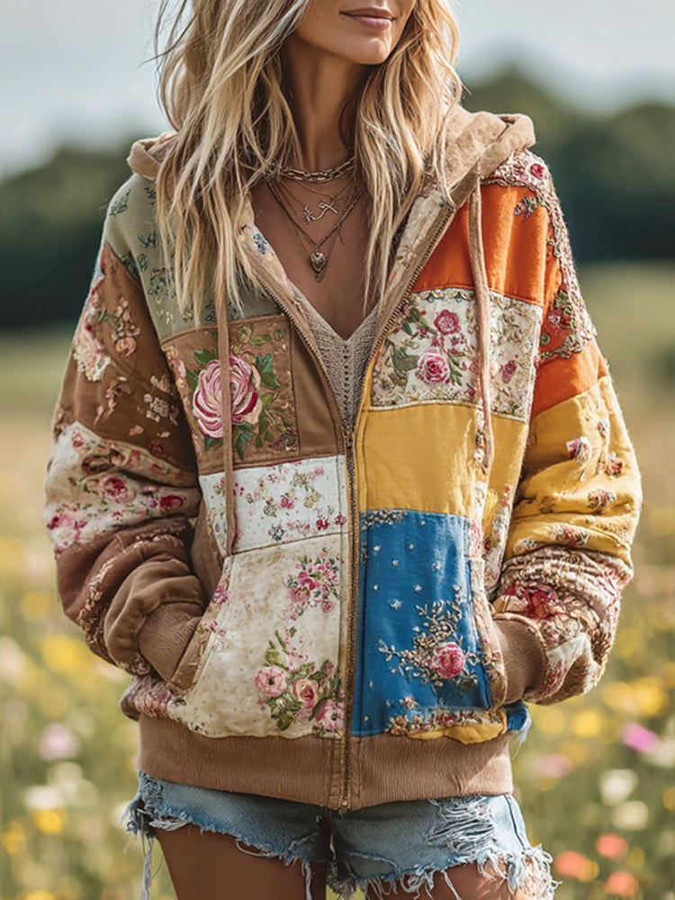 Florina | Kapuzenjacke mit Blumen- und Karomuster