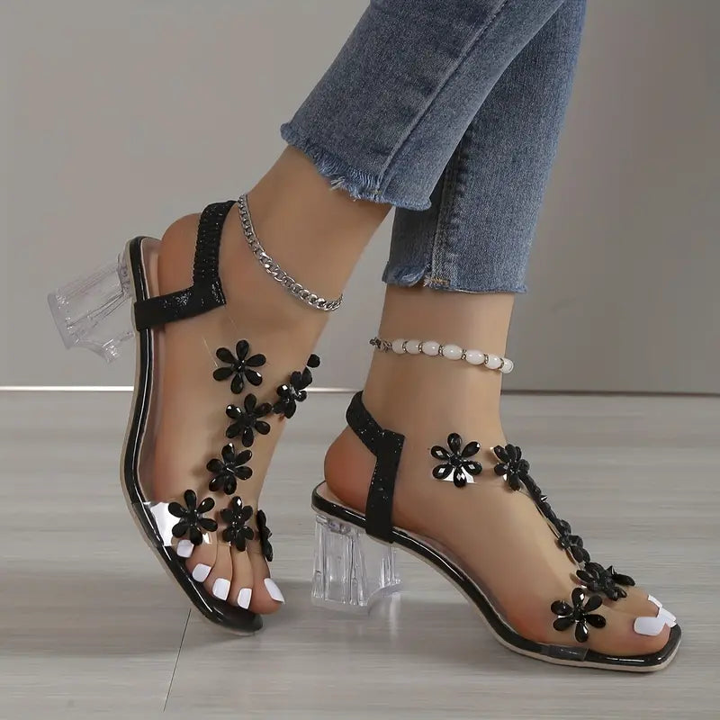 Rose | Damen Sandalen mit Blockabsatz und floralen Kristallen