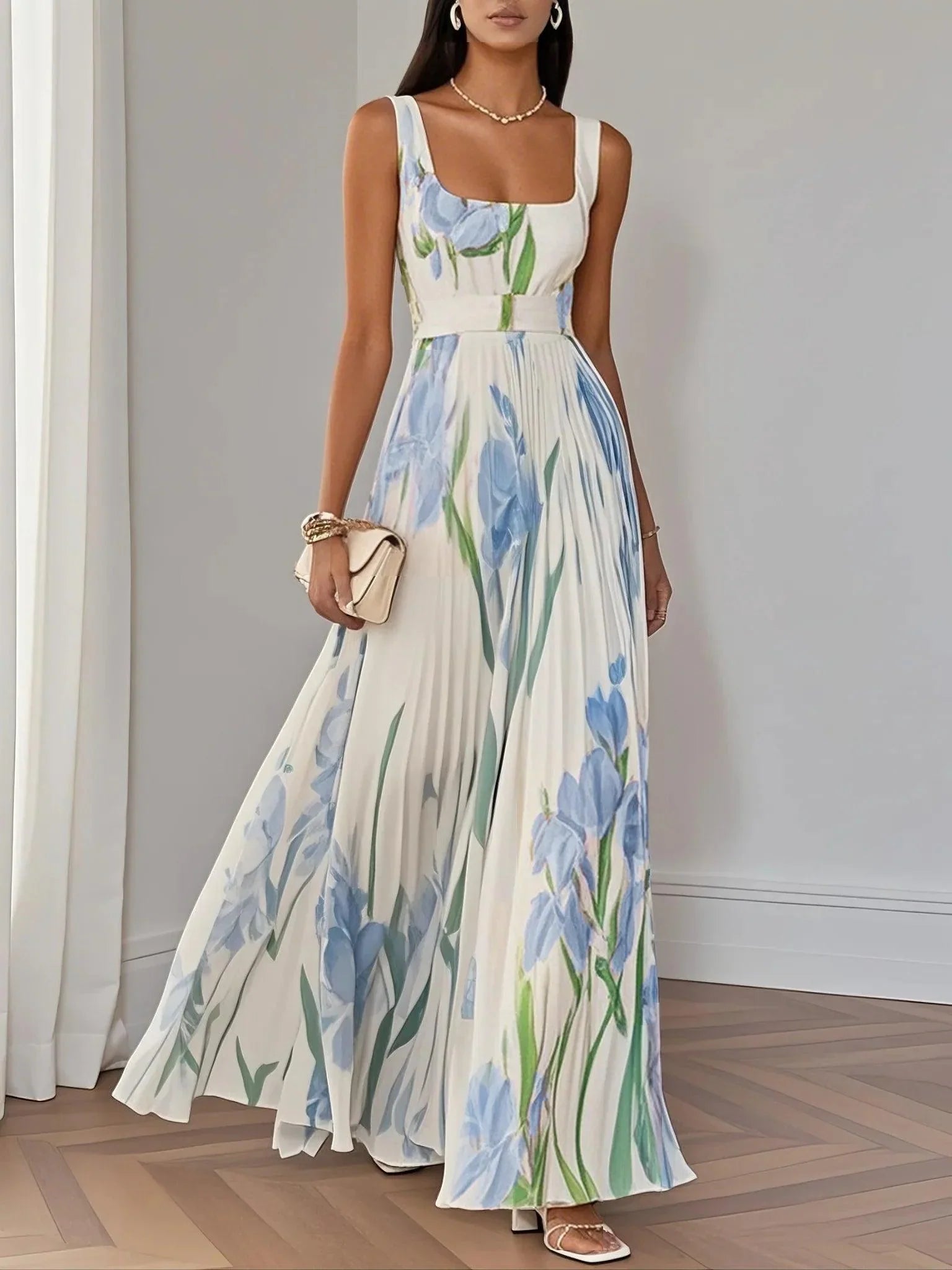 Wilma | Plissiertes Maxikleid mit Blumenmuster