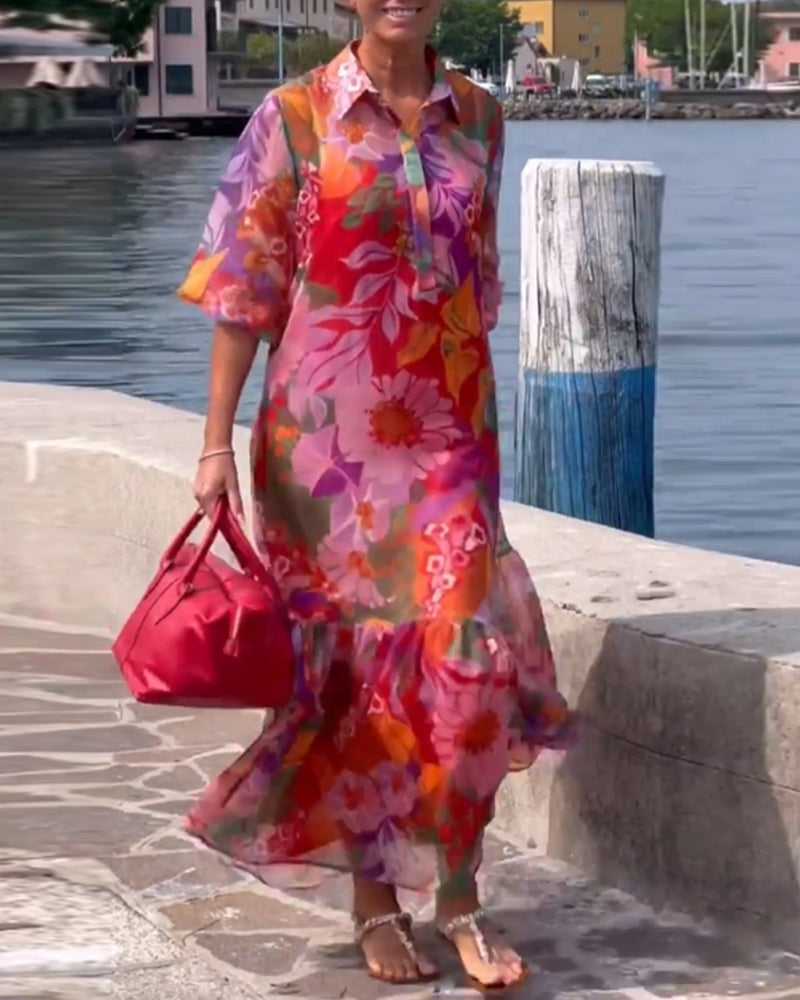 Helena | Bunt bedrucktes Kleid mit lockeren Laternenärmeln