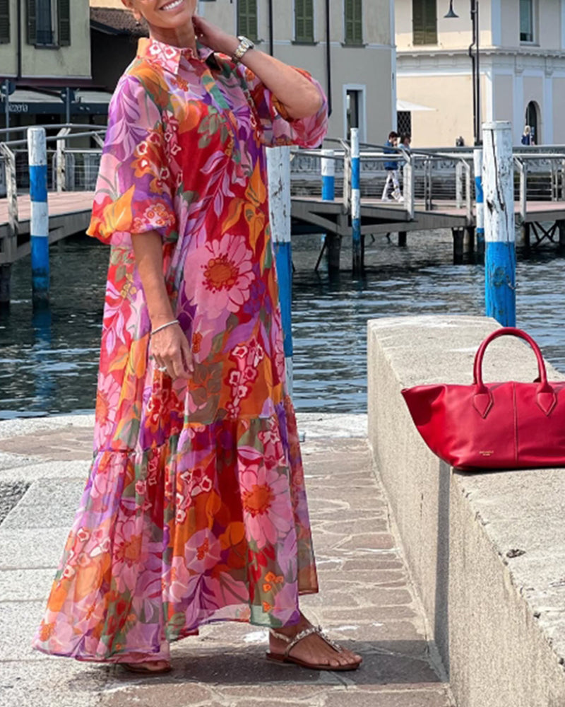 Helena | Bunt bedrucktes Kleid mit lockeren Laternenärmeln