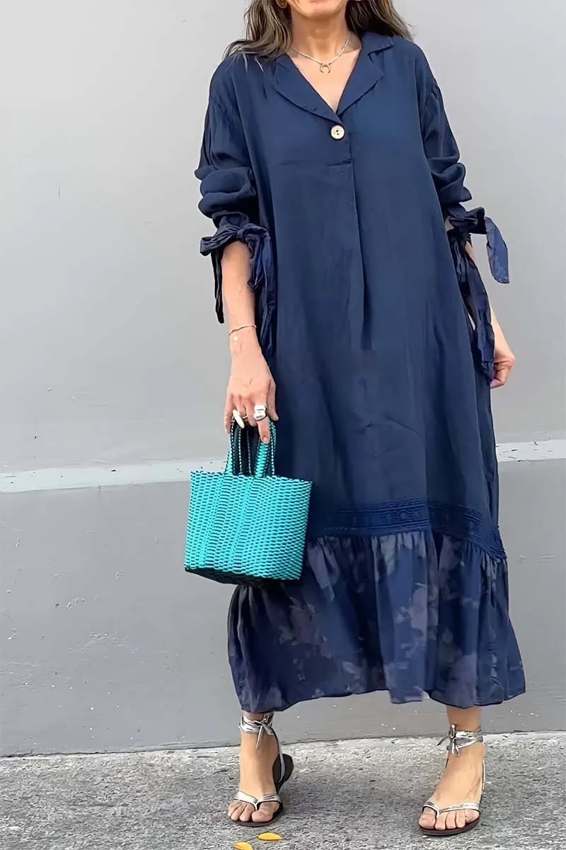 Eliz | Kleid aus Baumwolle und Leinen mit Patchwork-Spitzenmuster
