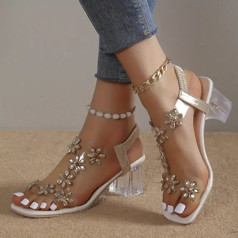 Rose | Damen Sandalen mit Blockabsatz und floralen Kristallen