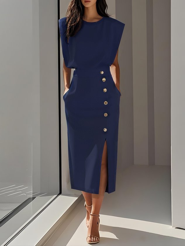Nice | Einfarbiges Midikleid mit Knopfleiste