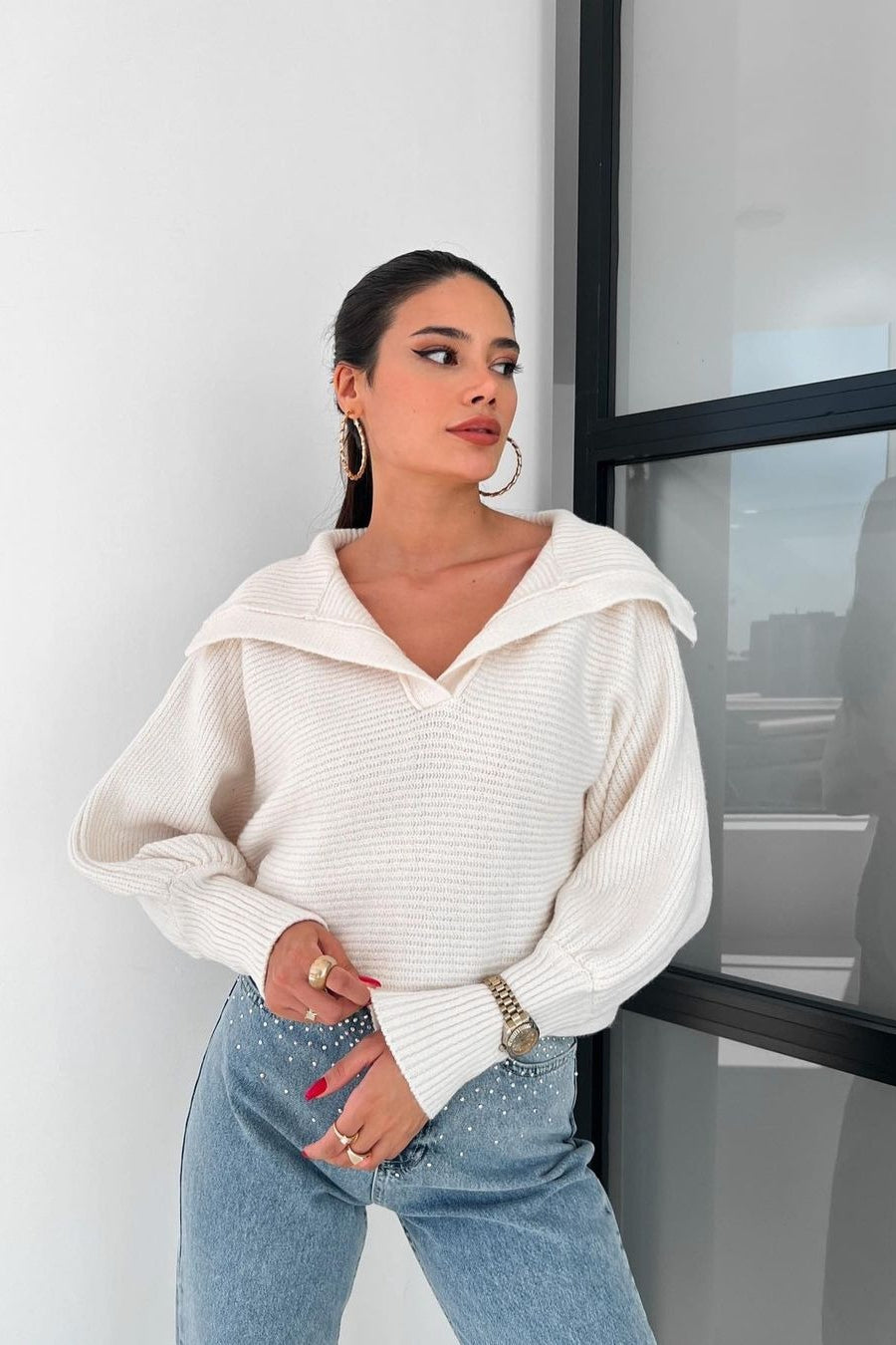 Clarybel | Kuscheliger Pullover mit offenem Kragen und Strukturstrick