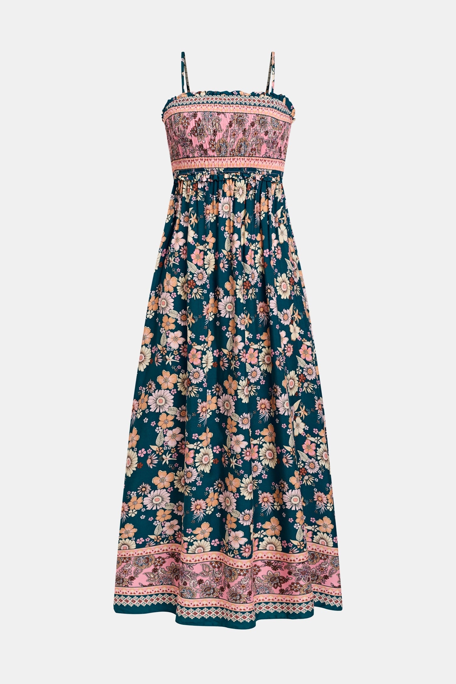Tina | Stilvolles blumiges Maxikleid mit femininer Smokarbeit