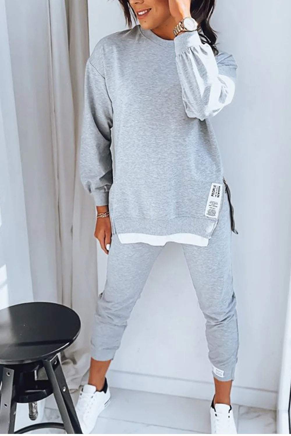 Adriana | Damen Patchwork Zweiteiliges Top und Hose Sweatshirt - Grau / S