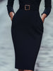 Wynter | Elegantes schwarzes Kleid, tailliert & mit Gürtel