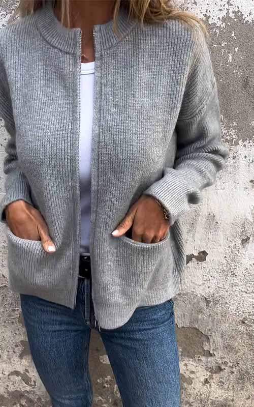 Mara | Reißverschluss-Strickjacke aus Baumwolle - Grau / S