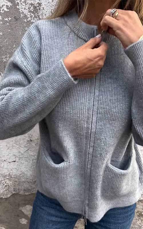 Mara | Reißverschluss-Strickjacke aus Baumwolle - Grau / S