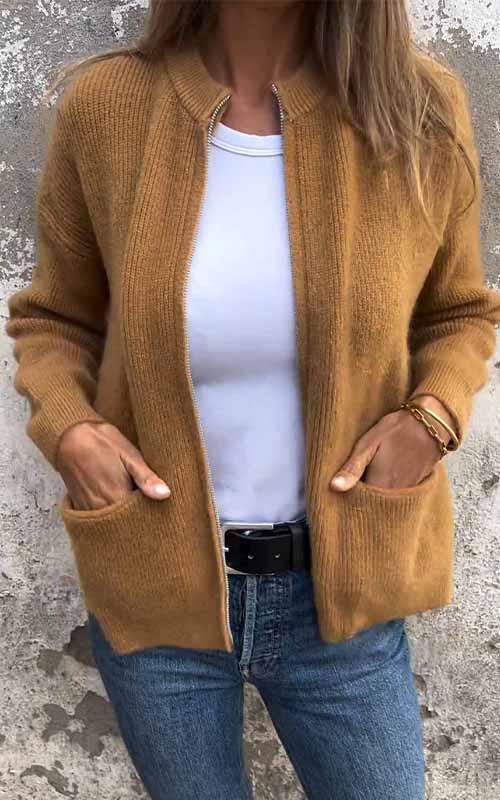 Mara | Reißverschluss-Strickjacke aus Baumwolle - Braun / S