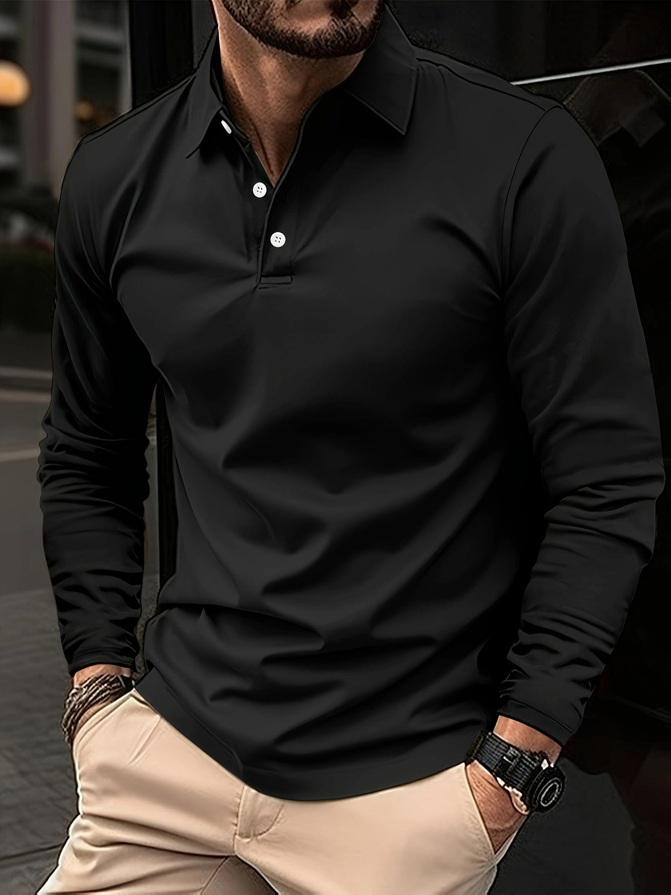 Raven | Langärmliges Poloshirt - Schwarz / S