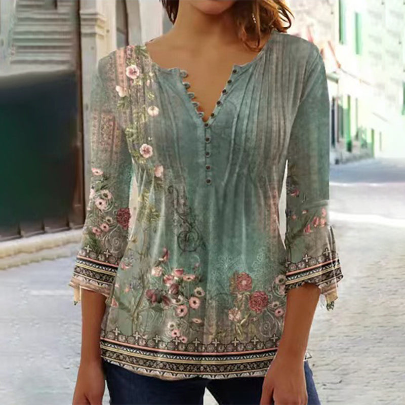 Adinna | Damenbluse mit V-Ausschnitt und Print