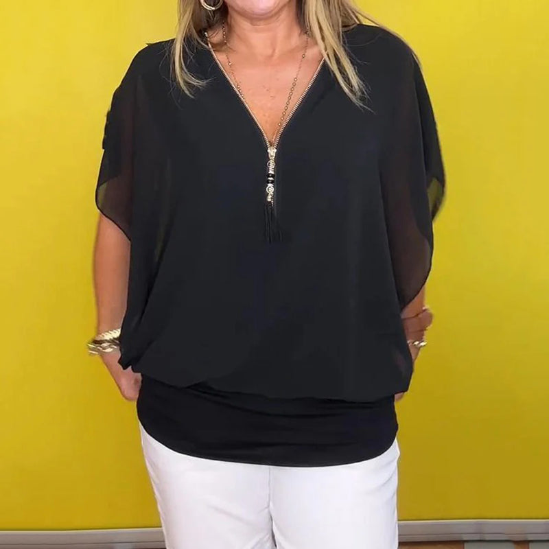 Roberta | Feminines Chiffon-Oberteil mit modernen Reißverschlussdetails