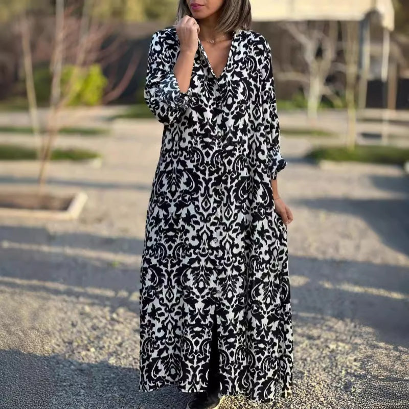 Milan | Langärmeliges Maxikleid mit lebhaftem Druck und Kragen