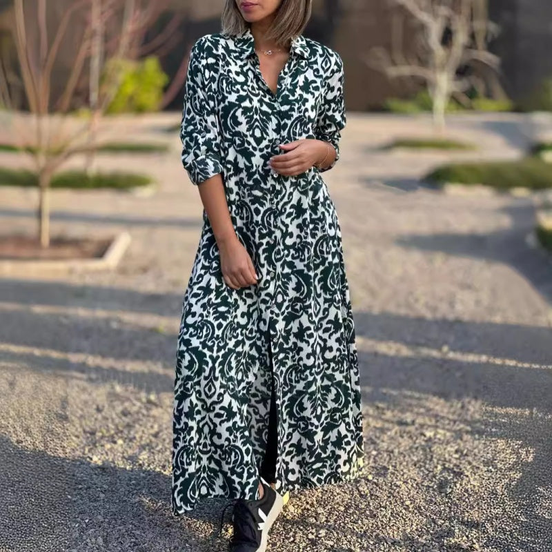 Milan | Langärmeliges Maxikleid mit lebhaftem Druck und Kragen