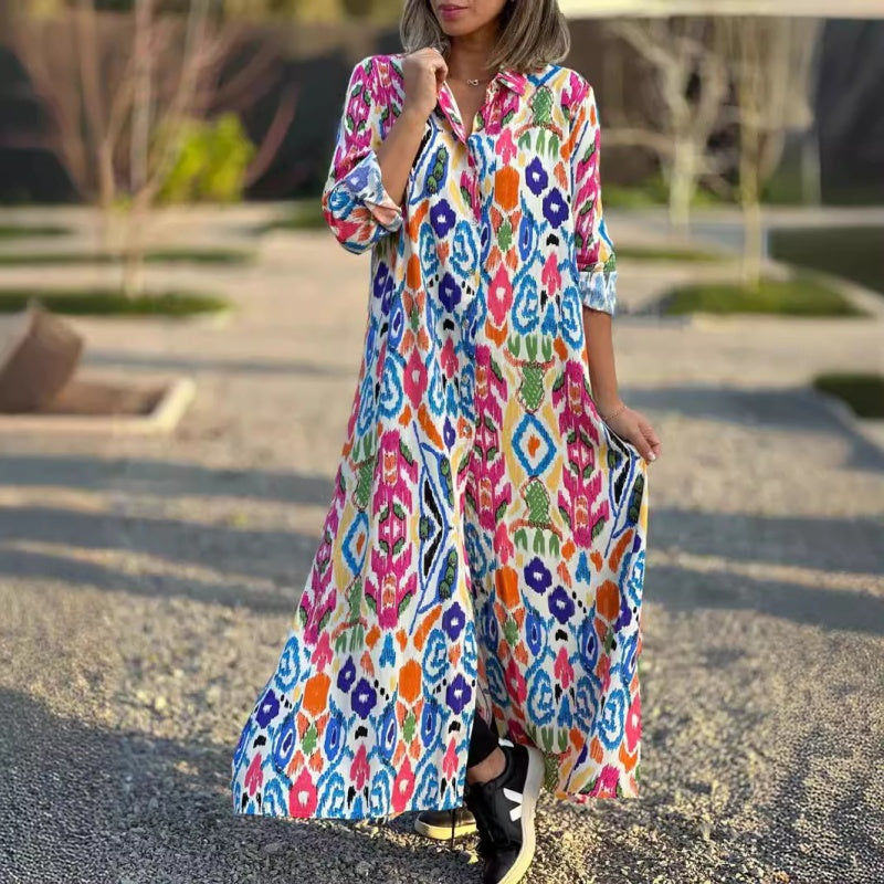 Milan | Langärmeliges Maxikleid mit lebhaftem Druck und Kragen