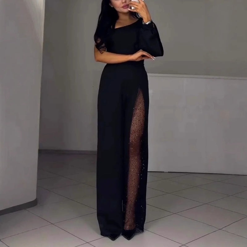 Xyriel | One-Shoulder Glitzer-Jumpsuit mit Mesh