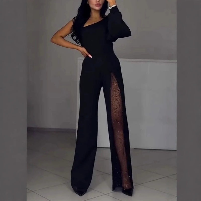 Xyriel | One-Shoulder Glitzer-Jumpsuit mit Mesh