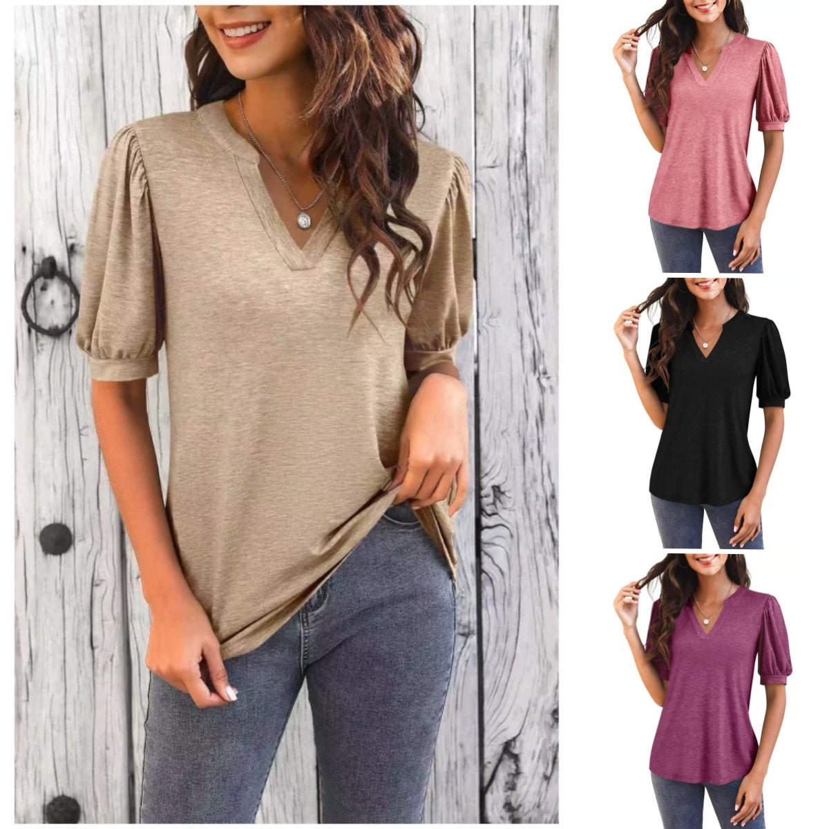 Rachel | Modisches Damen-Top mit V-Ausschnitt und Puffmuster