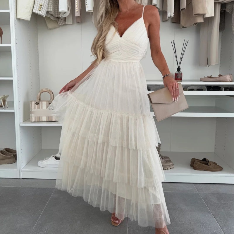 Kattie | Schickes Damen-Maxikleid aus Tüll mit Stufen und Spaghettiträgern