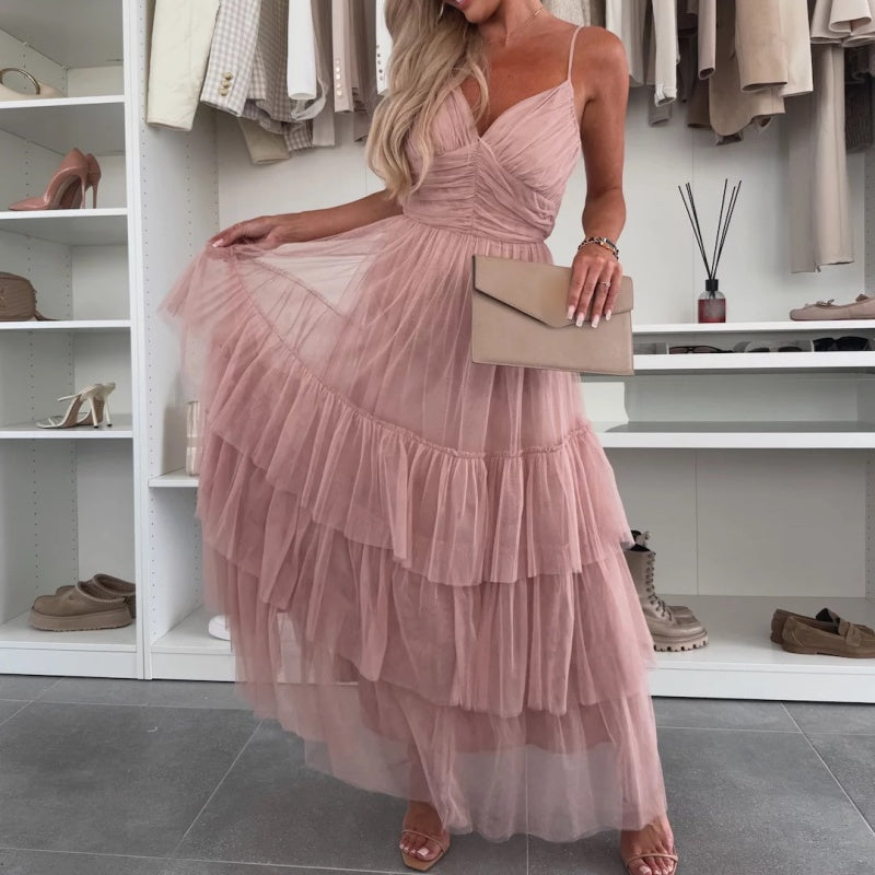 Kattie | Schickes Damen-Maxikleid aus Tüll mit Stufen und Spaghettiträgern