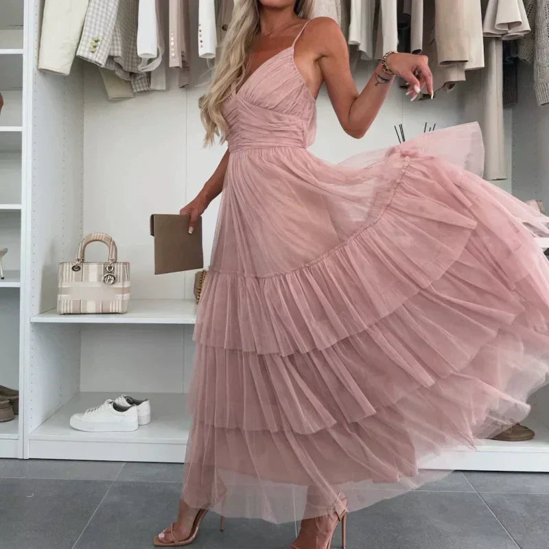Kattie | Schickes Damen-Maxikleid aus Tüll mit Stufen und Spaghettiträgern