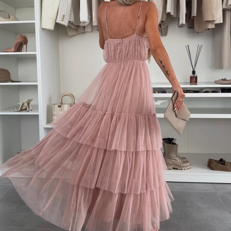 Kattie | Schickes Damen-Maxikleid aus Tüll mit Stufen und Spaghettiträgern