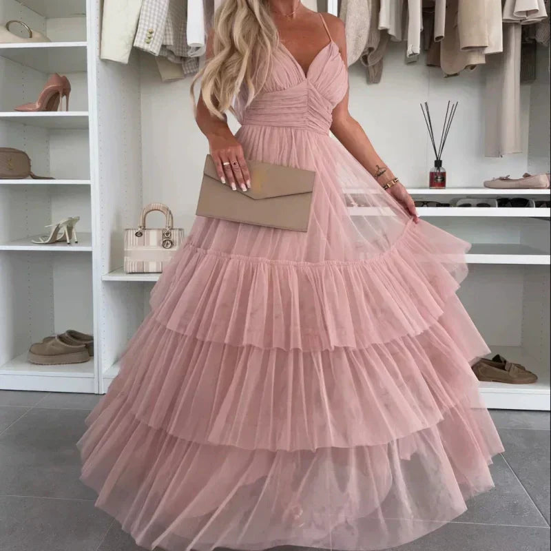 Kattie | Schickes Damen-Maxikleid aus Tüll mit Stufen und Spaghettiträgern