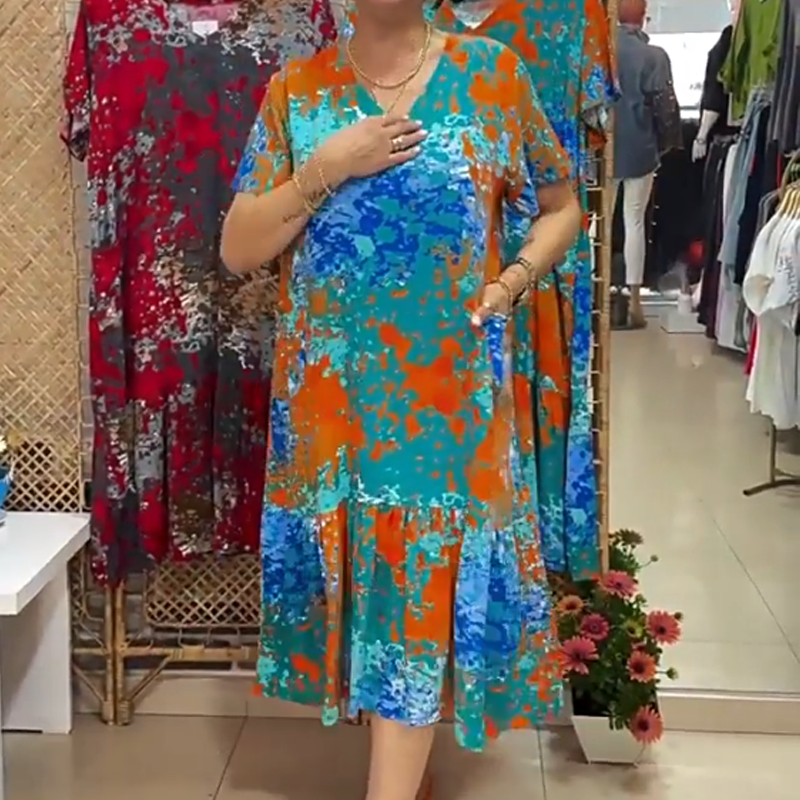 Micha | Midikleid mit V-Ausschnitt und lebhaftem abstraktem Muster