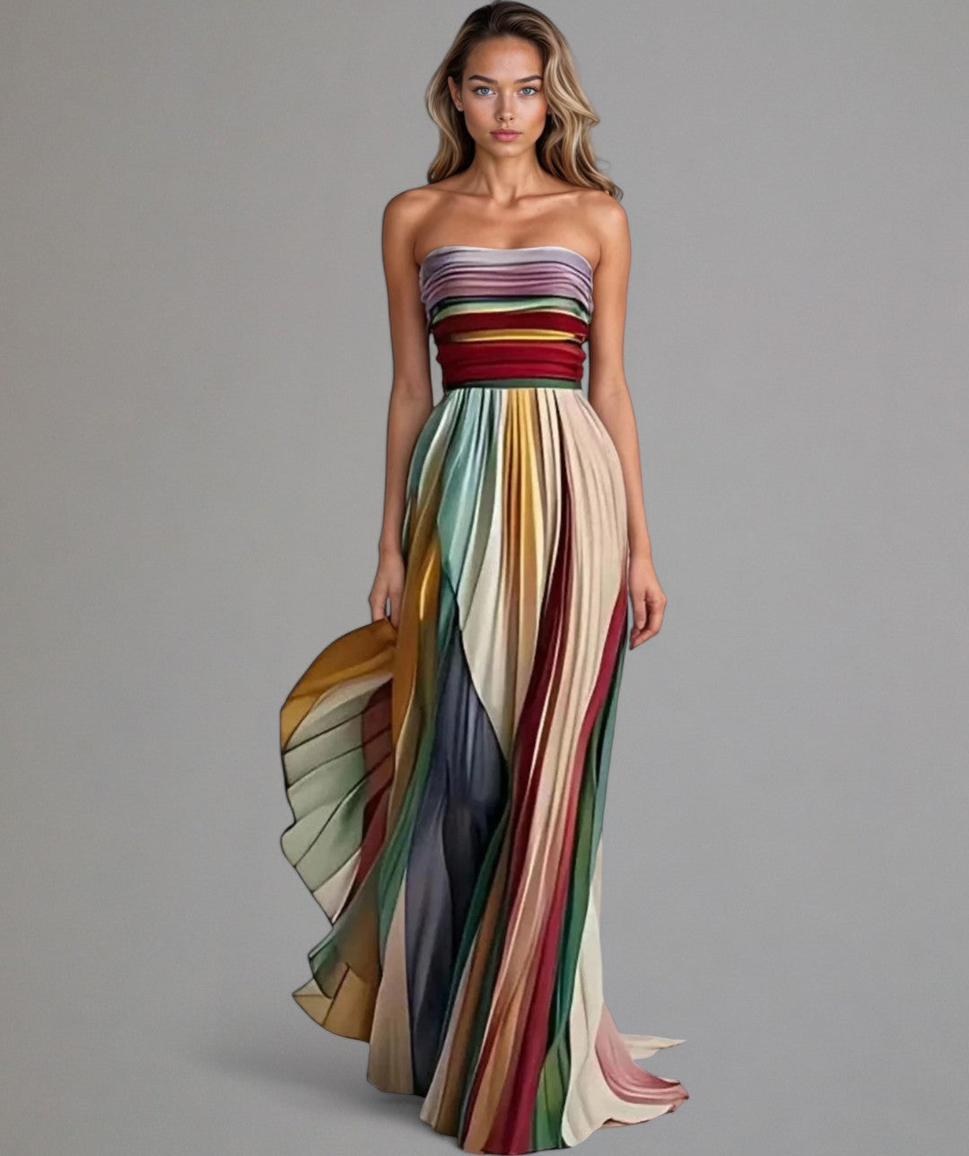 Pola | Trägerloses mehrfarbiges plissiertes Maxikleid